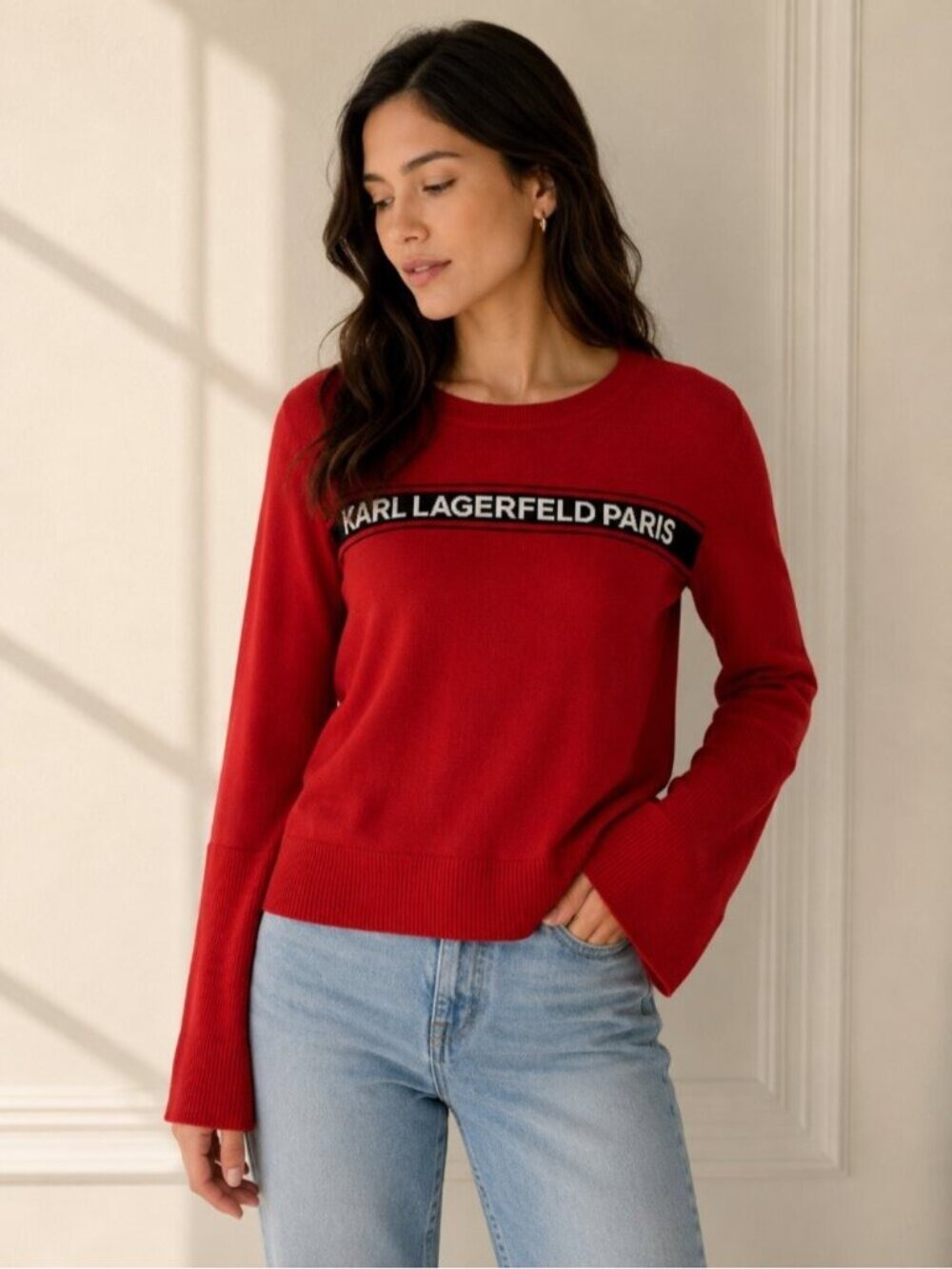 Karl Lagerfeld Paris Red Logo Sweater Large Bell Sleeve Knit Top 0802